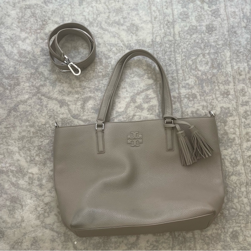 Tory Burch Taupe Leather Tote with Tassel